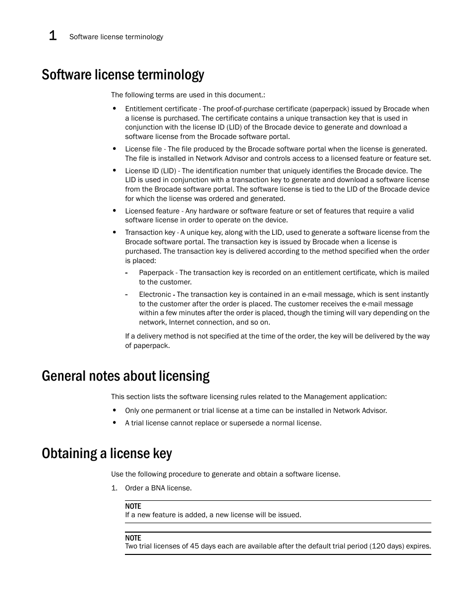 Software license terminology, General notes about licensing, Obtaining a license key | Brocade Network Advisor Software Licensing Guide (Supporting Network Advisor 12.3.0) User Manual | Page 20 / 56