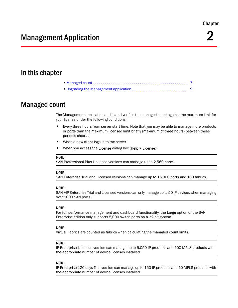 Management application, Managed count, Chapter 2 | Chapter 2, “management application | Brocade Network Advisor Software Licensing Guide (Supporting Network Advisor 12.3.0) User Manual | Page 25 / 56