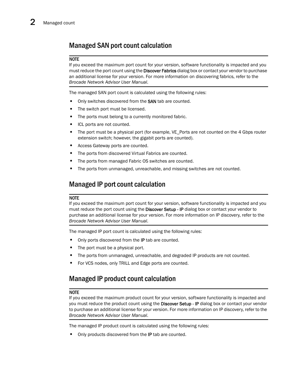 Managed san port count calculation, Managed ip port count calculation, Managed ip product count calculation | Brocade Network Advisor Software Licensing Guide (Supporting Network Advisor 12.3.0) User Manual | Page 26 / 56