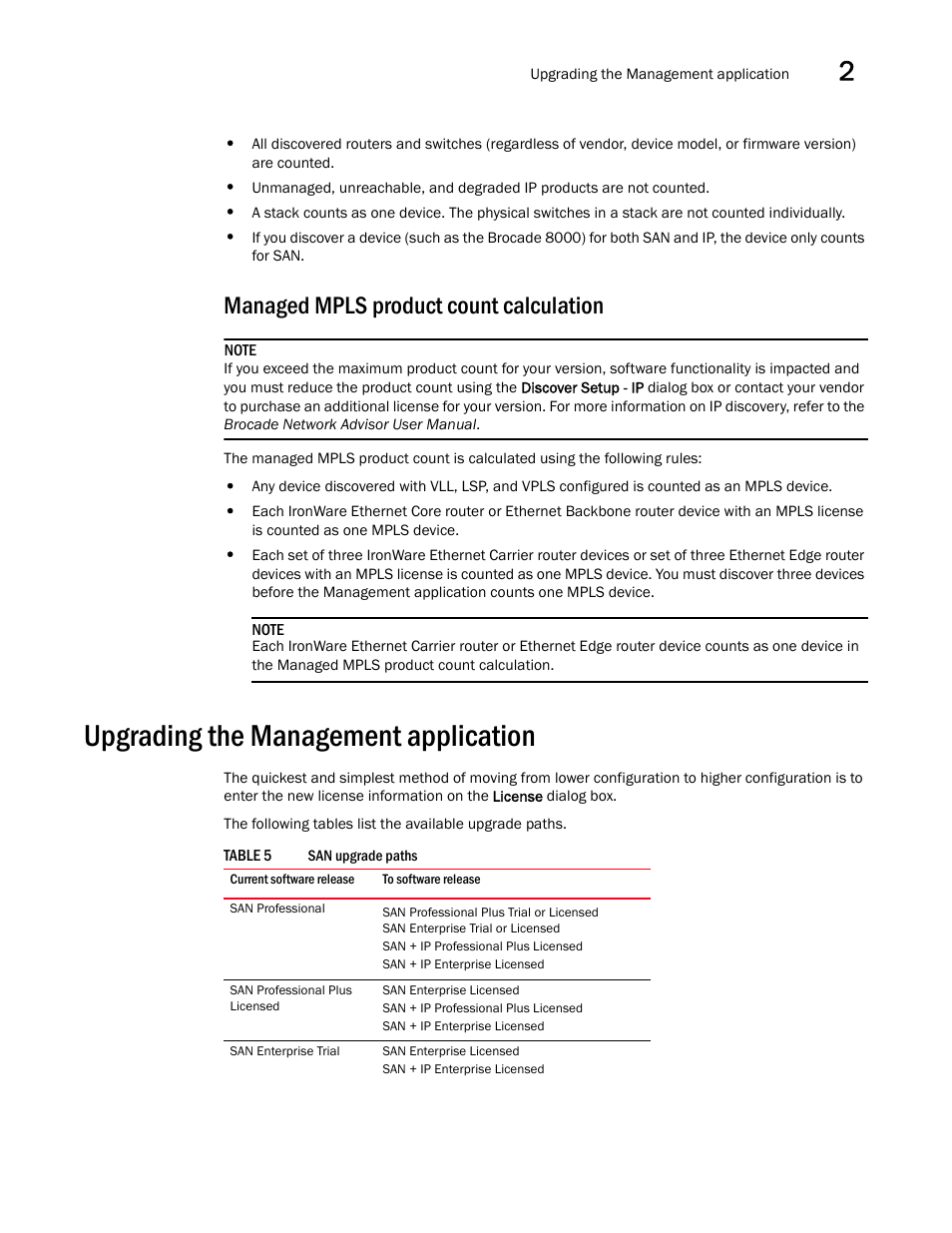 Managed mpls product count calculation, Upgrading the management application | Brocade Network Advisor Software Licensing Guide (Supporting Network Advisor 12.3.0) User Manual | Page 27 / 56