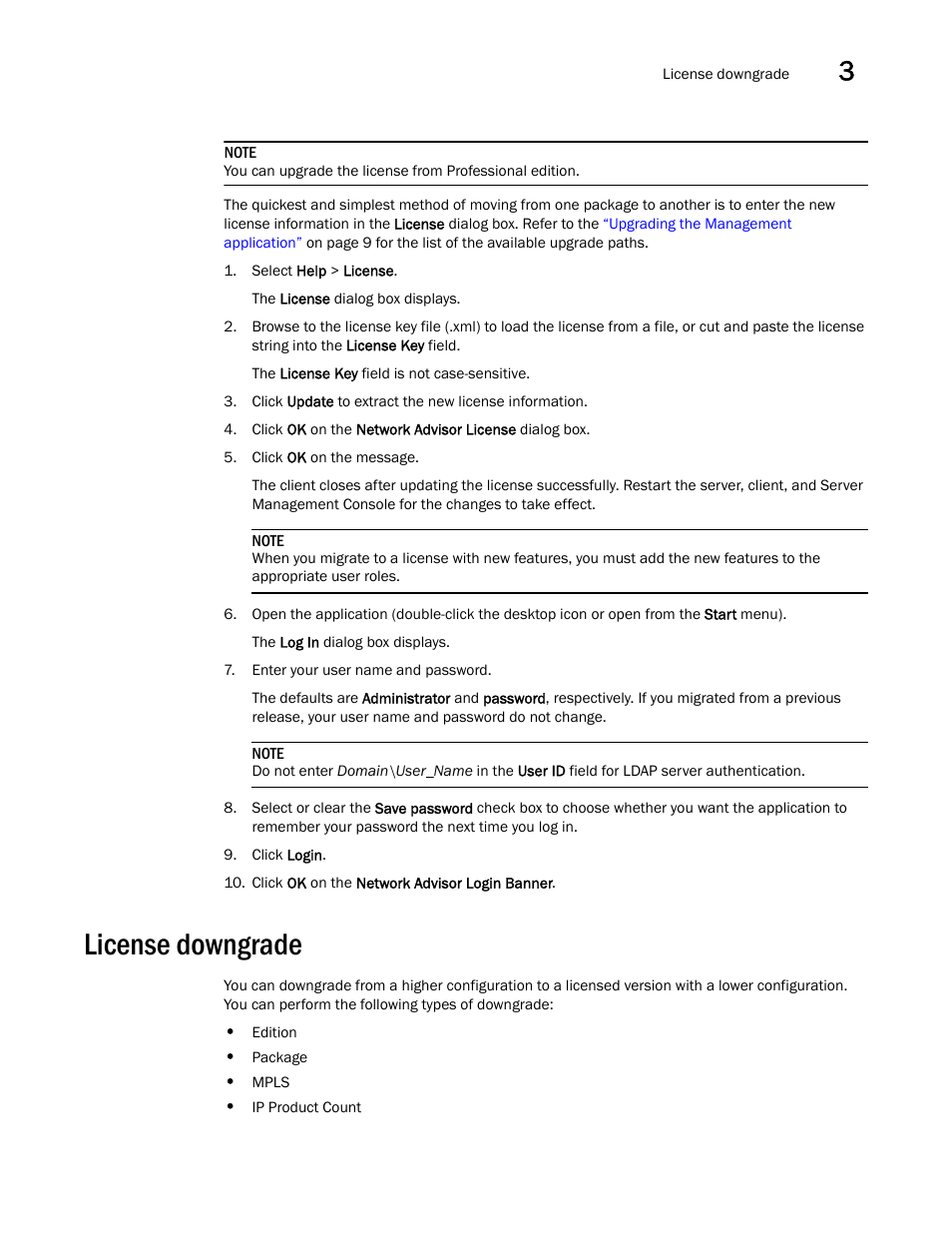 License downgrade | Brocade Network Advisor Software Licensing Guide (Supporting Network Advisor 12.3.0) User Manual | Page 33 / 56