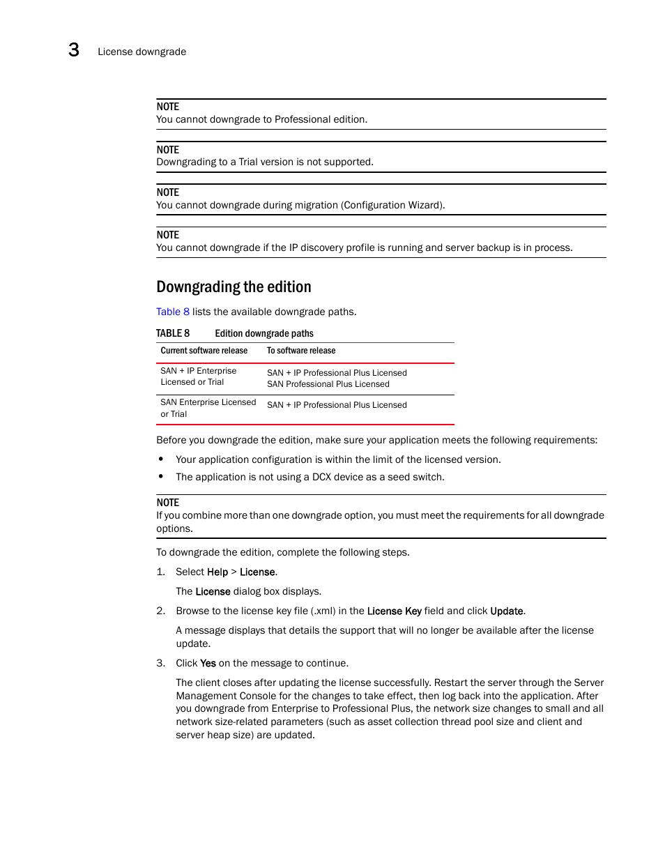 Downgrading the edition | Brocade Network Advisor Software Licensing Guide (Supporting Network Advisor 12.3.0) User Manual | Page 34 / 56