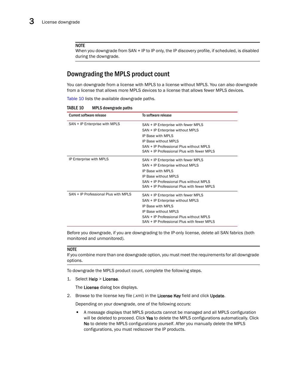 Downgrading the mpls product count | Brocade Network Advisor Software Licensing Guide (Supporting Network Advisor 12.3.0) User Manual | Page 36 / 56