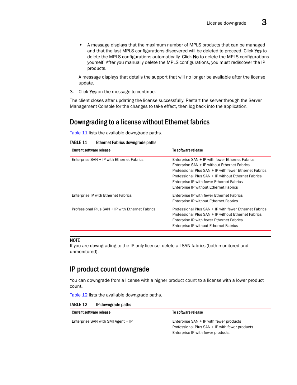 Downgrading to a license without ethernet fabrics, Ip product count downgrade | Brocade Network Advisor Software Licensing Guide (Supporting Network Advisor 12.3.0) User Manual | Page 37 / 56