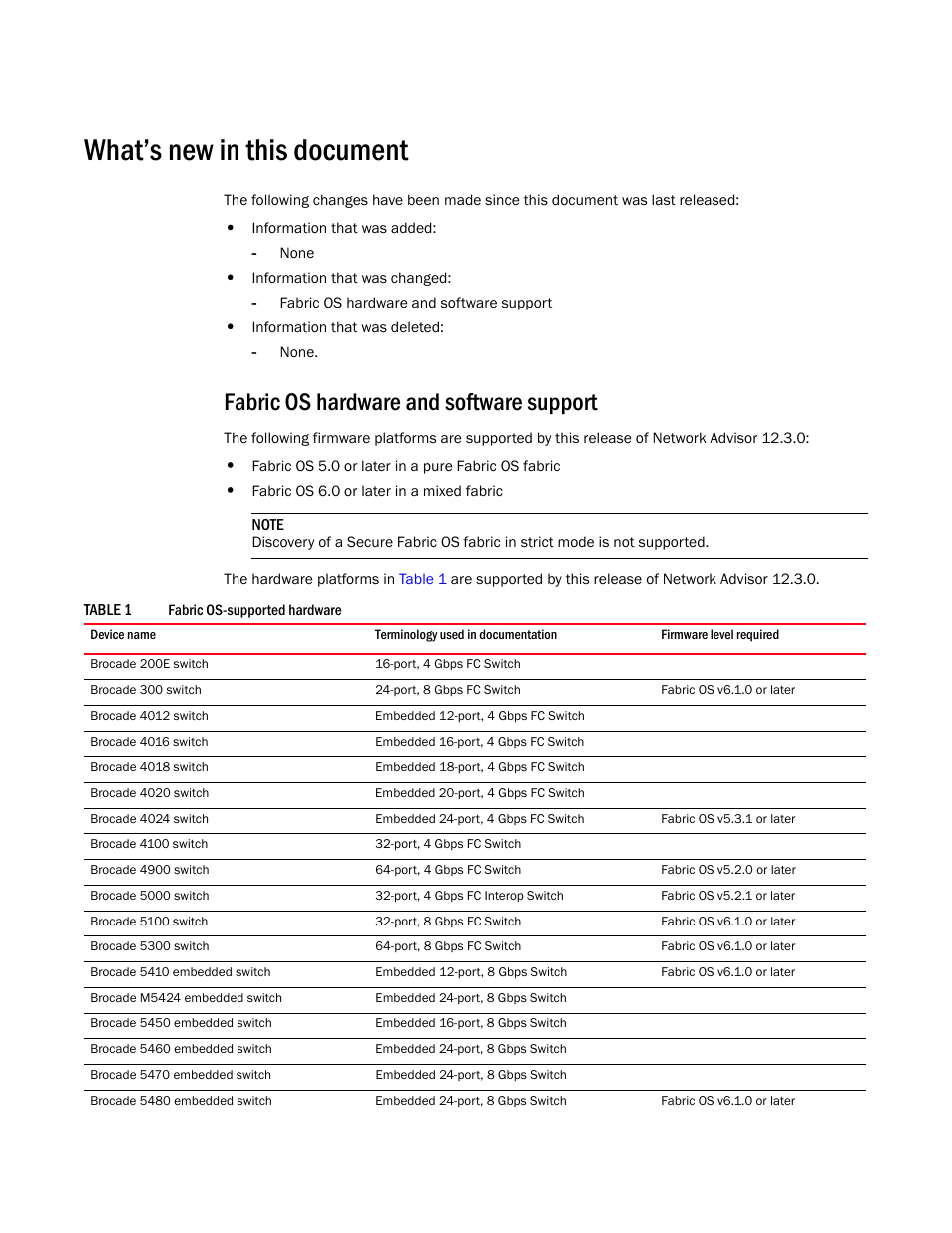 What’s new in this document, Fabric os hardware and software support | Brocade Network Advisor Software Licensing Guide (Supporting Network Advisor 12.3.0) User Manual | Page 8 / 56