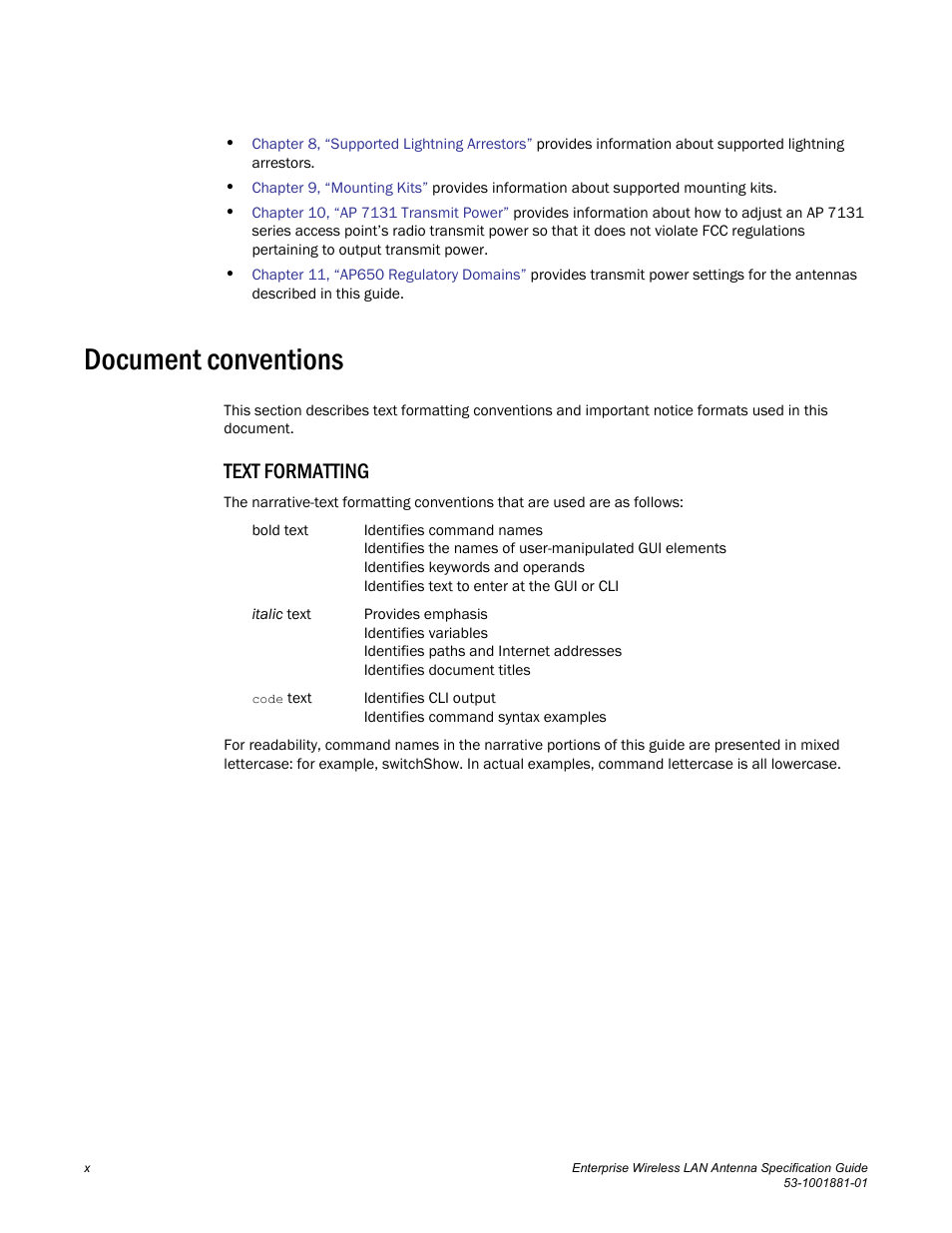 Document conventions, Text formatting | Brocade Enterprise Wireless LAN Antenna Specification Guide, Version 1.5 User Manual | Page 10 / 158