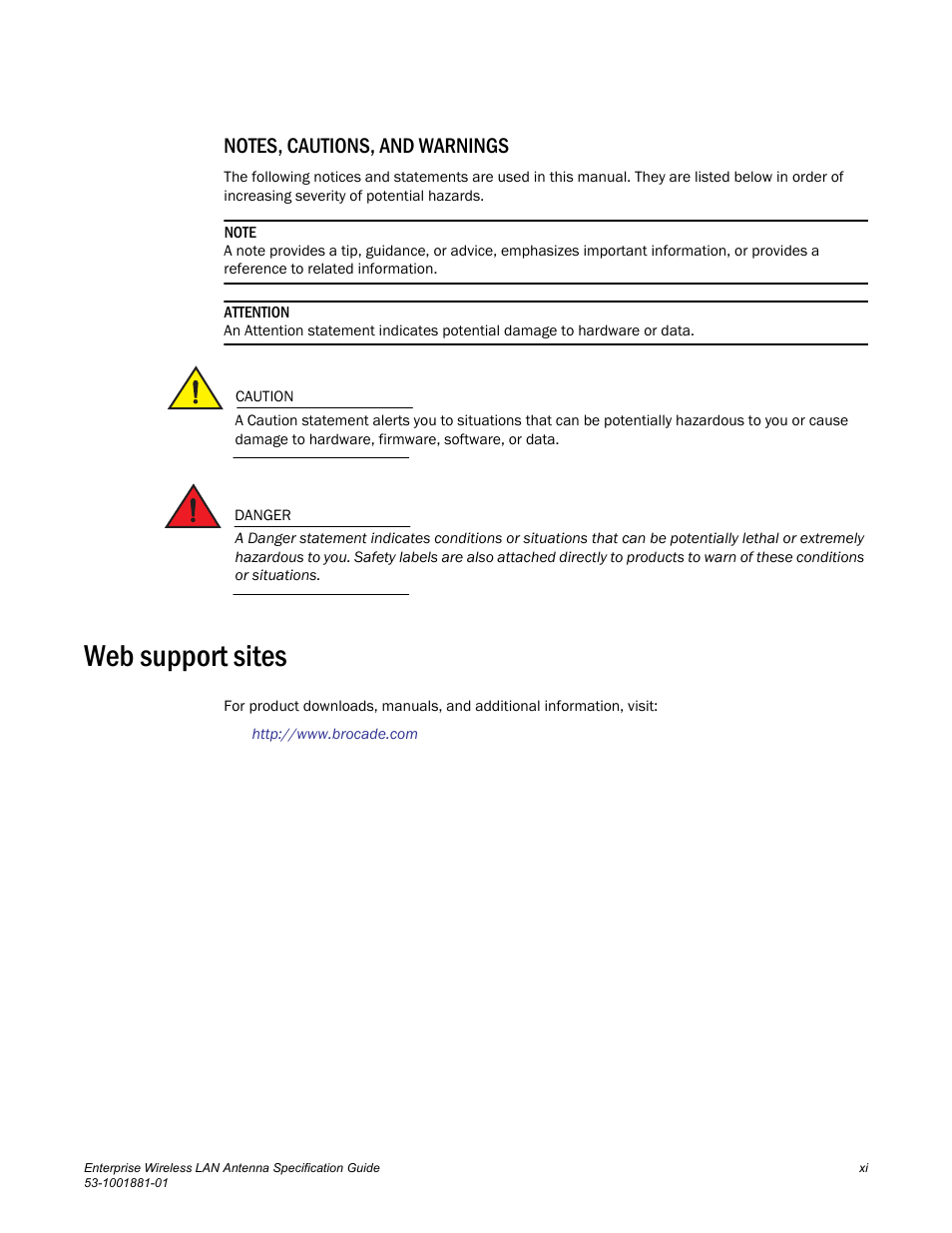 Notes, cautions, and warnings, Web support sites | Brocade Enterprise Wireless LAN Antenna Specification Guide, Version 1.5 User Manual | Page 11 / 158