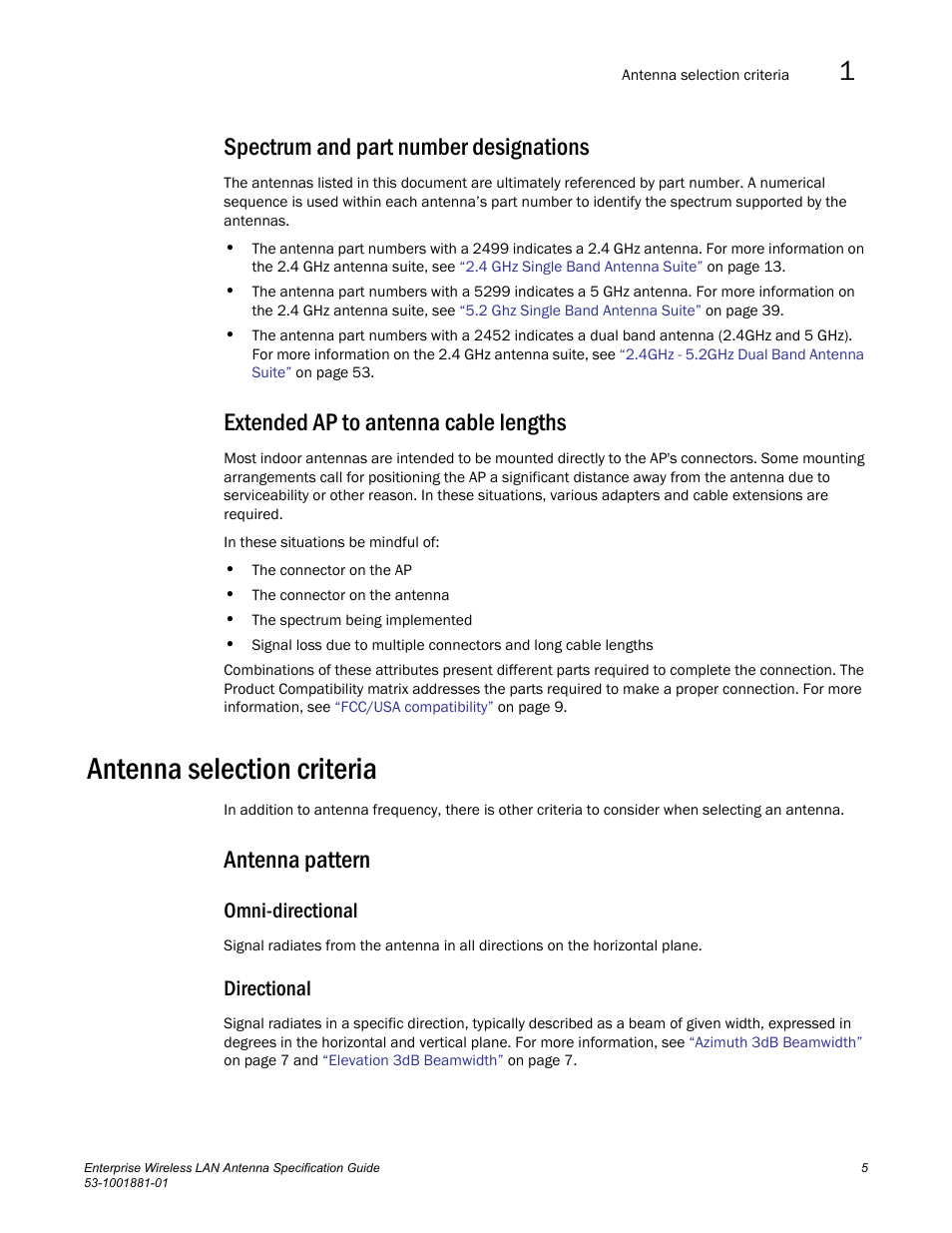 Spectrum and part number designations, Extended ap to antenna cable lengths, Antenna selection criteria | Antenna pattern, Omni-directional, Directional | Brocade Enterprise Wireless LAN Antenna Specification Guide, Version 1.5 User Manual | Page 17 / 158