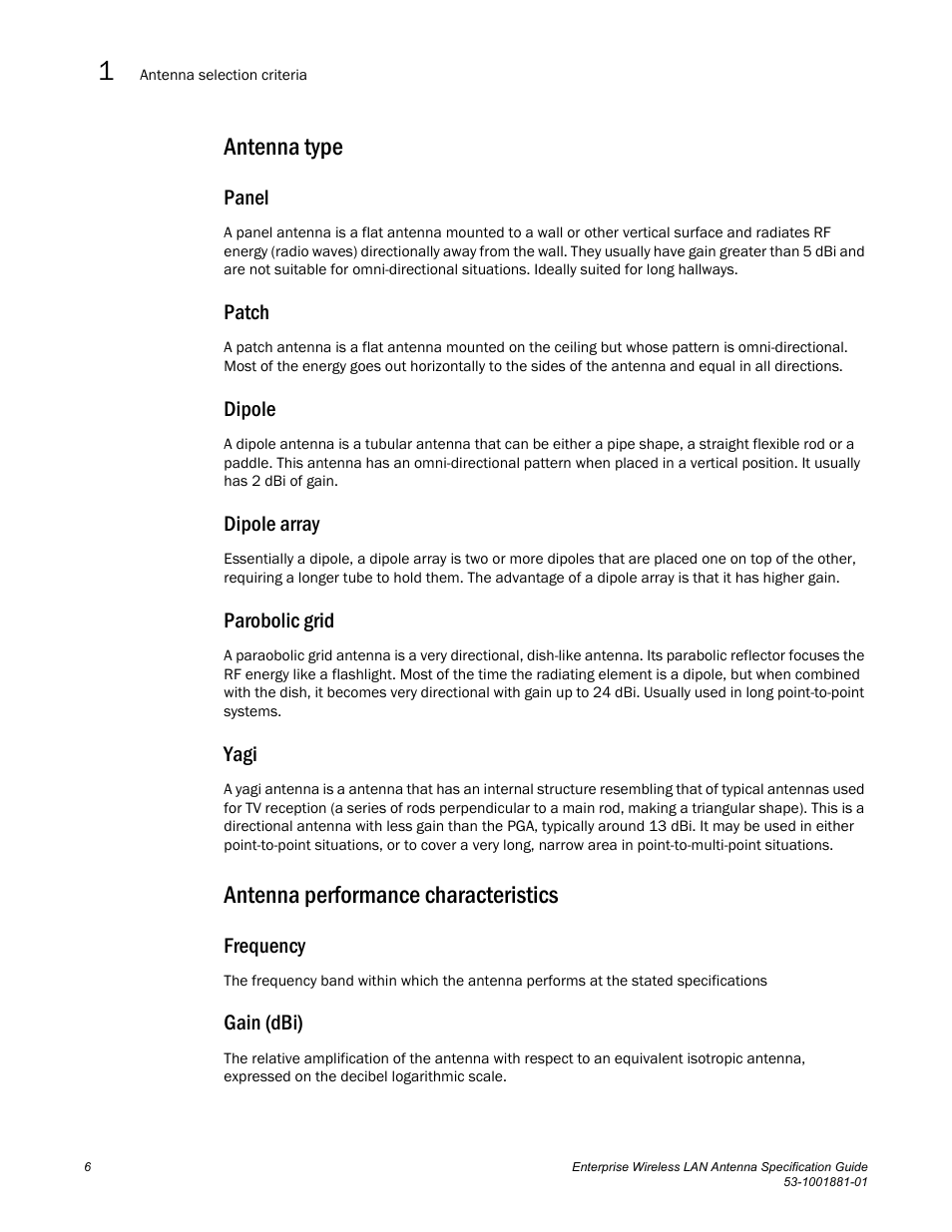 Antenna type, Antenna performance characteristics | Brocade Enterprise Wireless LAN Antenna Specification Guide, Version 1.5 User Manual | Page 18 / 158