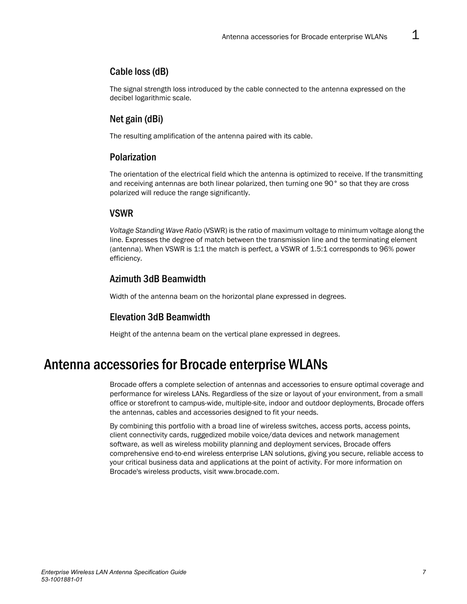 Antenna accessories for brocade enterprise wlans, Azimuth 3db beamwidth, Elevation 3db beamwidth | Brocade Enterprise Wireless LAN Antenna Specification Guide, Version 1.5 User Manual | Page 19 / 158