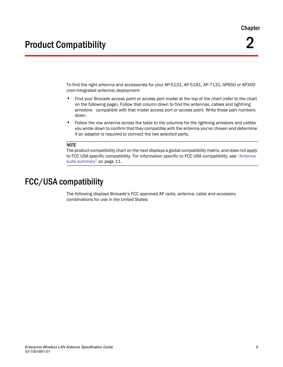 Chapter, Product compatibility, Fcc/usa compatibility | Chapter 2, Chapter 2, “product compatibility, Information, see | Brocade Enterprise Wireless LAN Antenna Specification Guide, Version 1.5 User Manual | Page 21 / 158