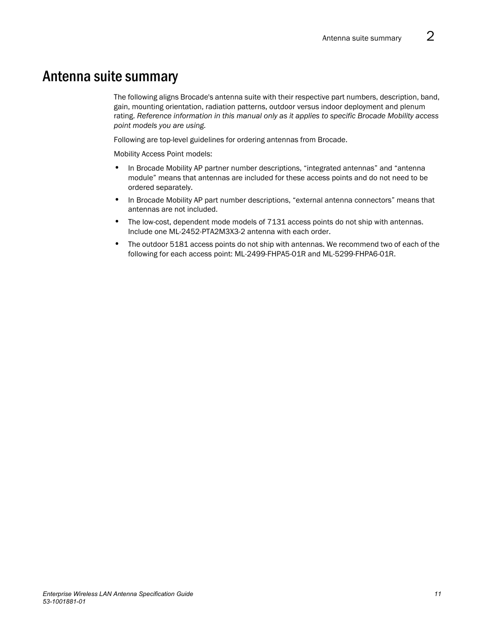 Antenna suite summary, Antenna, Suite summary | Brocade Enterprise Wireless LAN Antenna Specification Guide, Version 1.5 User Manual | Page 23 / 158