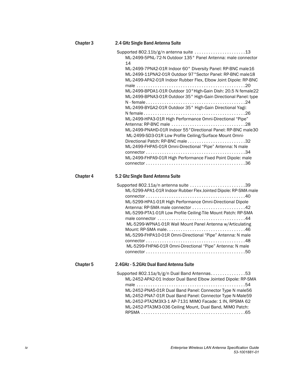 Chapter 3 2.4 ghz single band antenna suite, Chapter 4 5.2 ghz single band antenna suite, Chapter 5 2.4ghz - 5.2ghz dual band antenna suite | Brocade Enterprise Wireless LAN Antenna Specification Guide, Version 1.5 User Manual | Page 4 / 158