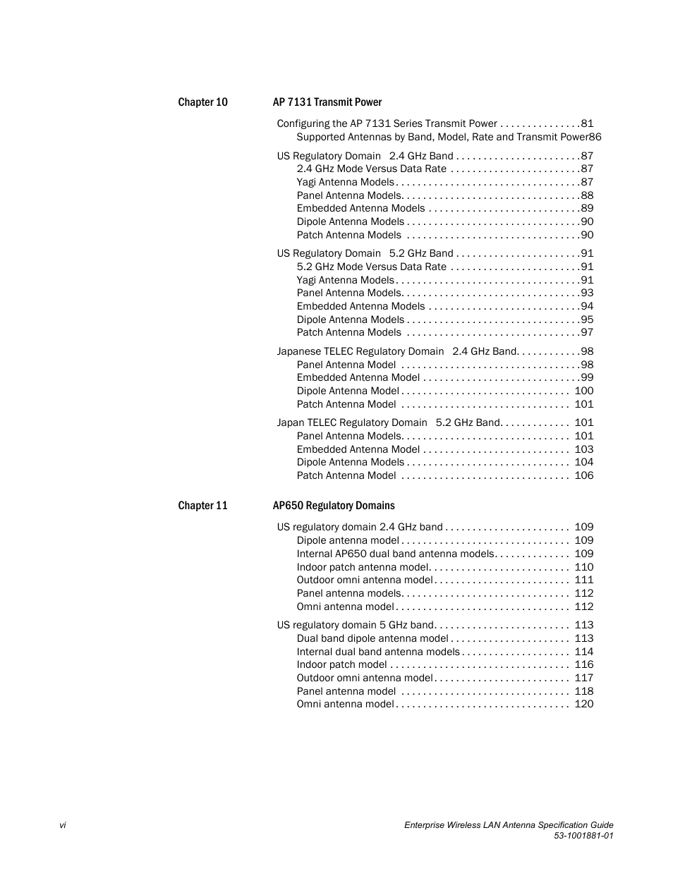 Chapter 10 ap 7131 transmit power, Chapter 11 ap650 regulatory domains | Brocade Enterprise Wireless LAN Antenna Specification Guide, Version 1.5 User Manual | Page 6 / 158