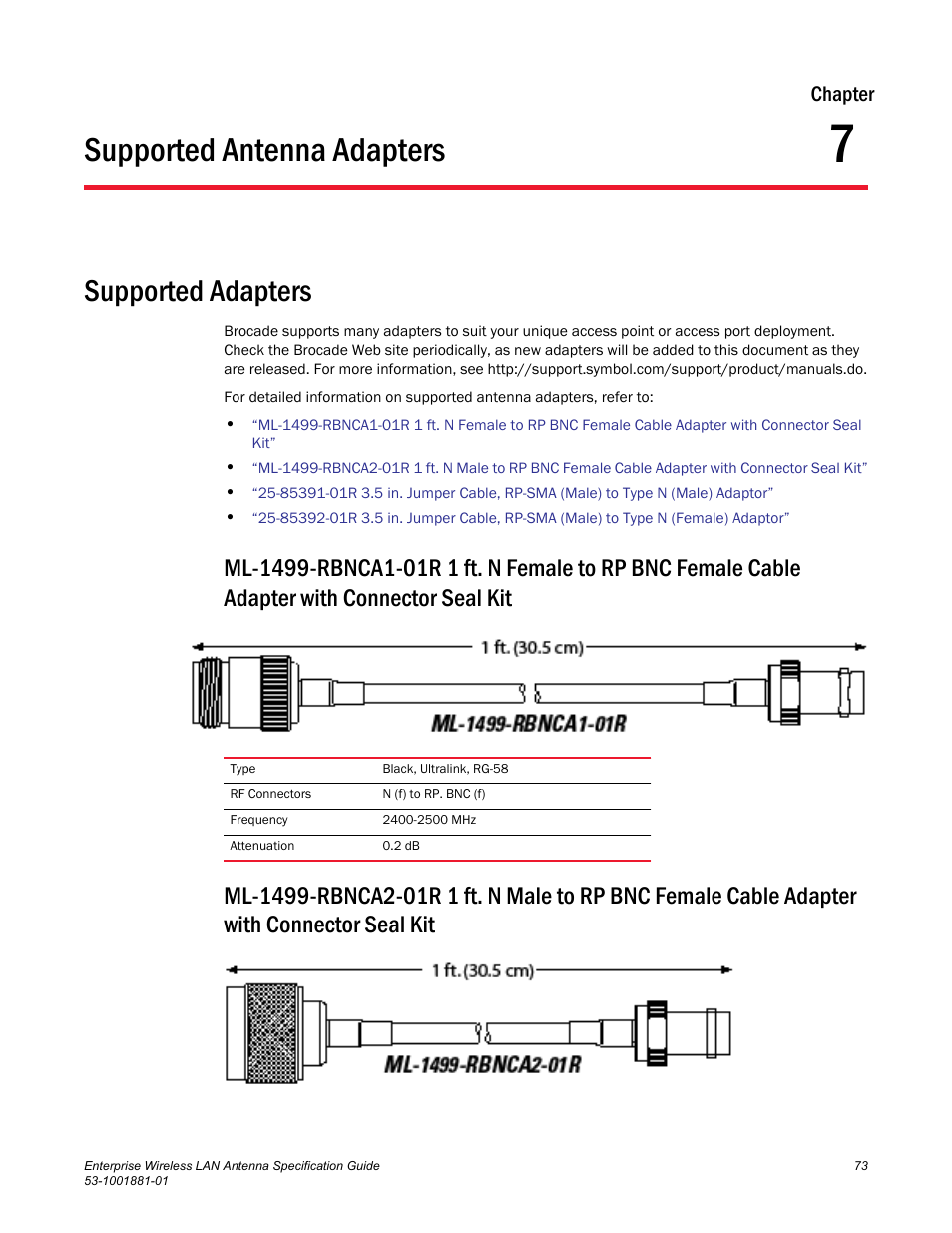 Chapter, Supported antenna adapters, Supported adapters | Chapter 7, Chapter 7, “supported antenna adapters, Provides information about supported antenna | Brocade Enterprise Wireless LAN Antenna Specification Guide, Version 1.5 User Manual | Page 85 / 158