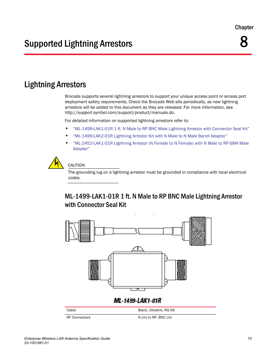 Chapter, Supported lightning arrestors, Lightning arrestors | Chapter 8, Chapter 8, “supported lightning arrestors | Brocade Enterprise Wireless LAN Antenna Specification Guide, Version 1.5 User Manual | Page 87 / 158