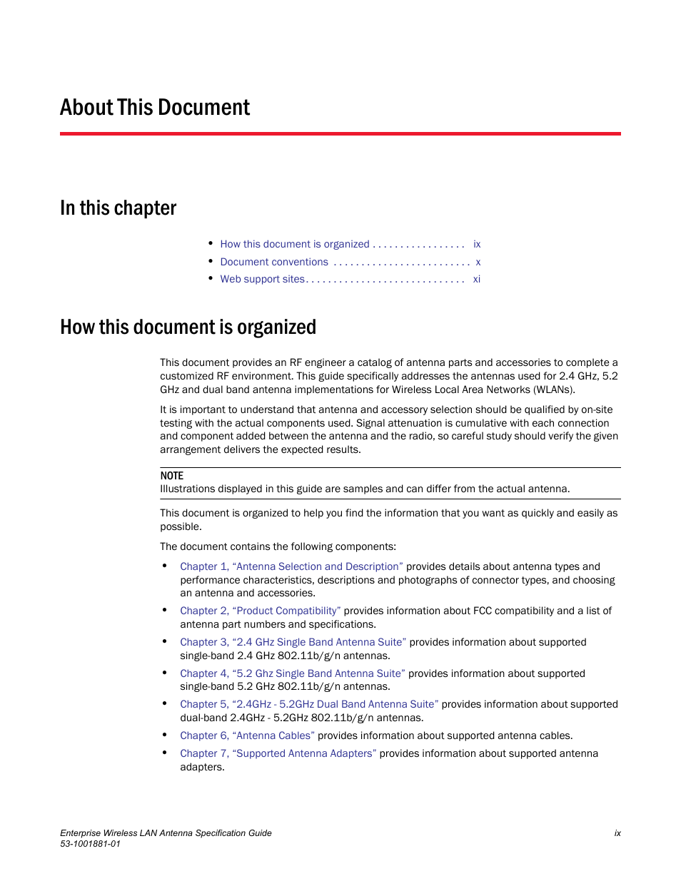 About this document, In this chapter, How this document is organized | Brocade Enterprise Wireless LAN Antenna Specification Guide, Version 1.5 User Manual | Page 9 / 158