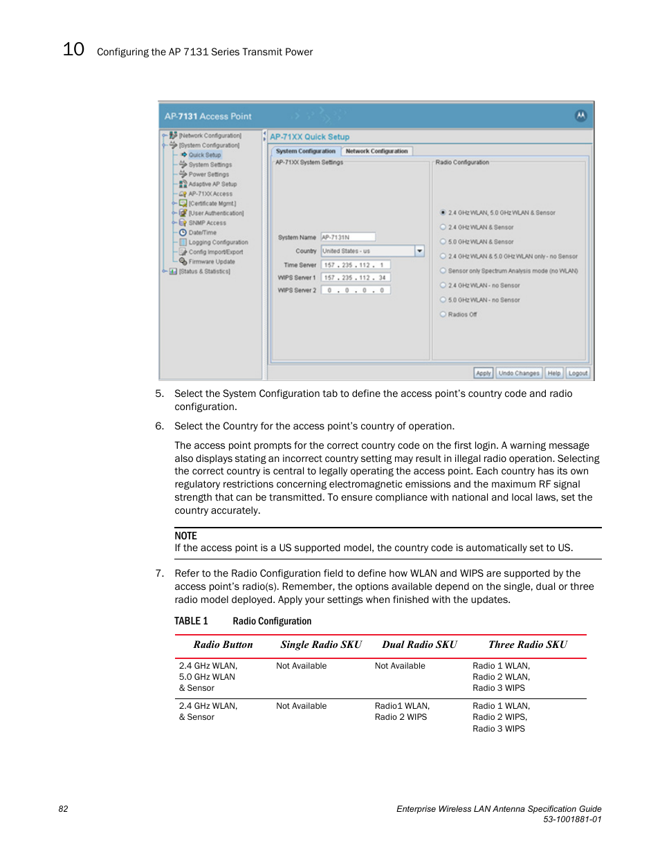 Table 1 radio configuration | Brocade Enterprise Wireless LAN Antenna Specification Guide, Version 1.5 User Manual | Page 94 / 158