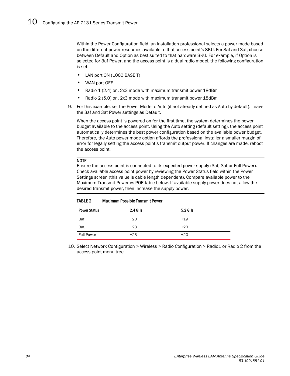 Table 2 maximum possible transmit power | Brocade Enterprise Wireless LAN Antenna Specification Guide, Version 1.5 User Manual | Page 96 / 158