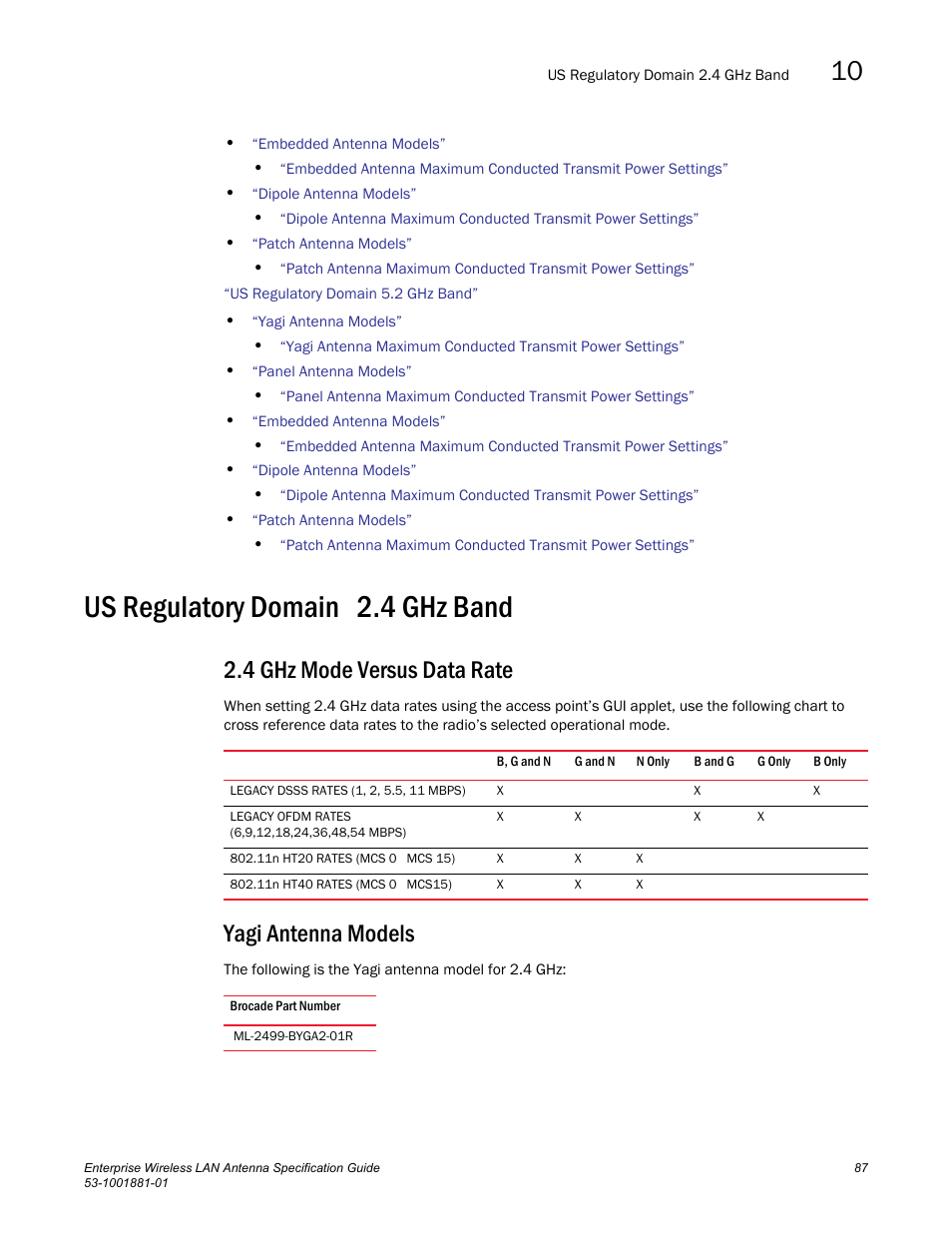 Us regulatory domain 2.4 ghz band, 4 ghz mode versus data rate, Yagi antenna models | Brocade Enterprise Wireless LAN Antenna Specification Guide, Version 1.5 User Manual | Page 99 / 158