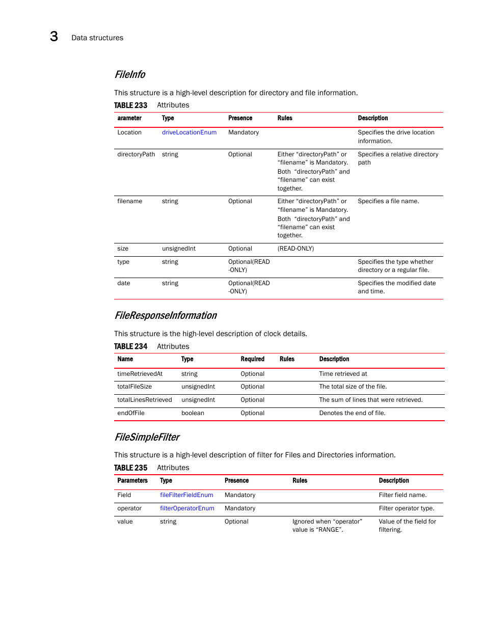 Fileinfo, Filesimplefilter, Fileresponseinformation | Brocade Virtual ADX XML API Programmer’s Guide (Supporting ADX v03.1.00) User Manual | Page 104 / 878