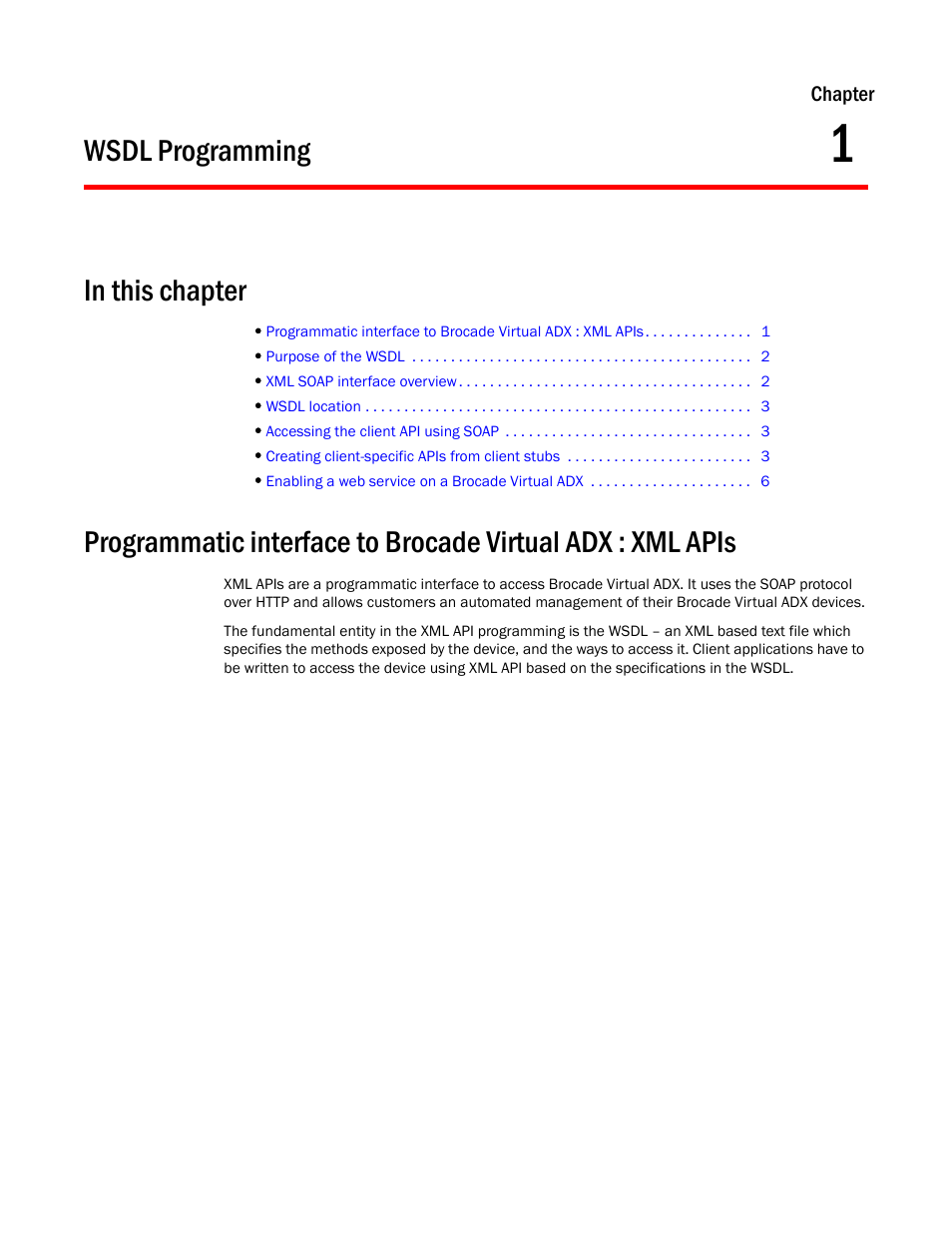 Wsdl programming, Chapter 1, Wsdl programming in this chapter | Brocade Virtual ADX XML API Programmer’s Guide (Supporting ADX v03.1.00) User Manual | Page 11 / 878