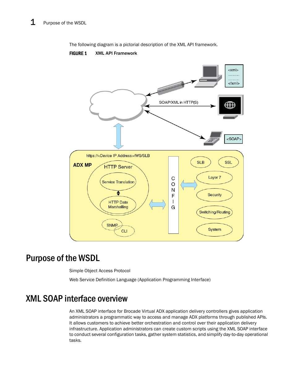 Purpose of the wsdl, Xml soap interface overview | Brocade Virtual ADX XML API Programmer’s Guide (Supporting ADX v03.1.00) User Manual | Page 12 / 878