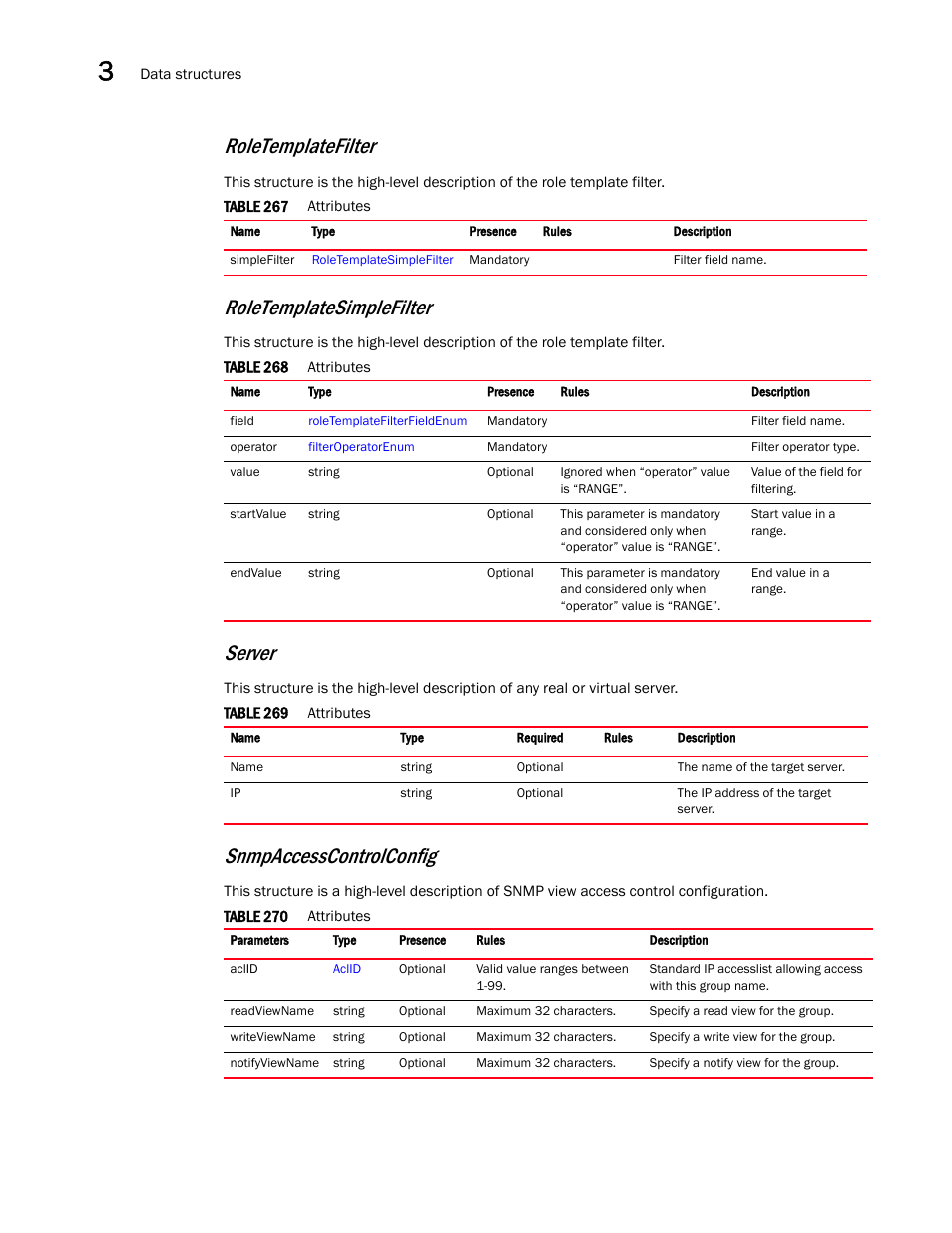 Server, Roletemplatefilter, Roletemplatesimplefilter | Snmpaccesscontrolconfig | Brocade Virtual ADX XML API Programmer’s Guide (Supporting ADX v03.1.00) User Manual | Page 120 / 878