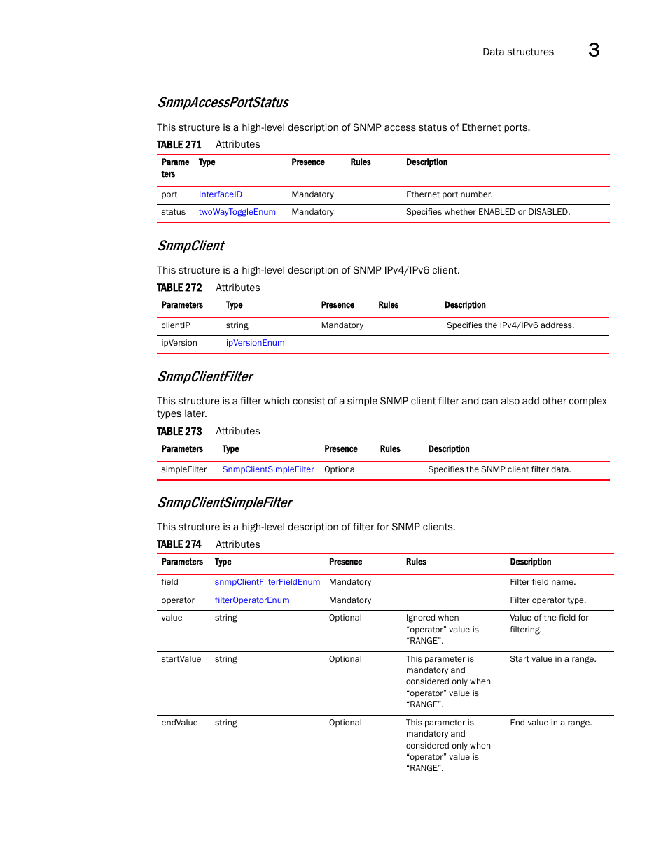 Snmpclientfilter, Snmpclient, Snmpaccessportstatus | Snmpclientsimplefilter | Brocade Virtual ADX XML API Programmer’s Guide (Supporting ADX v03.1.00) User Manual | Page 121 / 878
