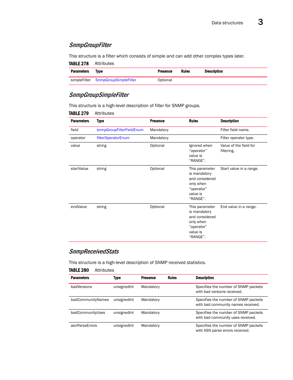 Snmpgroupfilter, Snmpgroupsimplefilter, Snmpreceivedstats | Brocade Virtual ADX XML API Programmer’s Guide (Supporting ADX v03.1.00) User Manual | Page 123 / 878