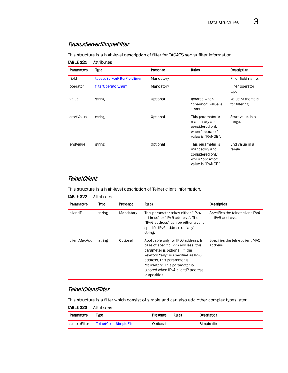 Telnetclient, Telnetclientfilter, Tacacsserversimplefilter | Brocade Virtual ADX XML API Programmer’s Guide (Supporting ADX v03.1.00) User Manual | Page 143 / 878
