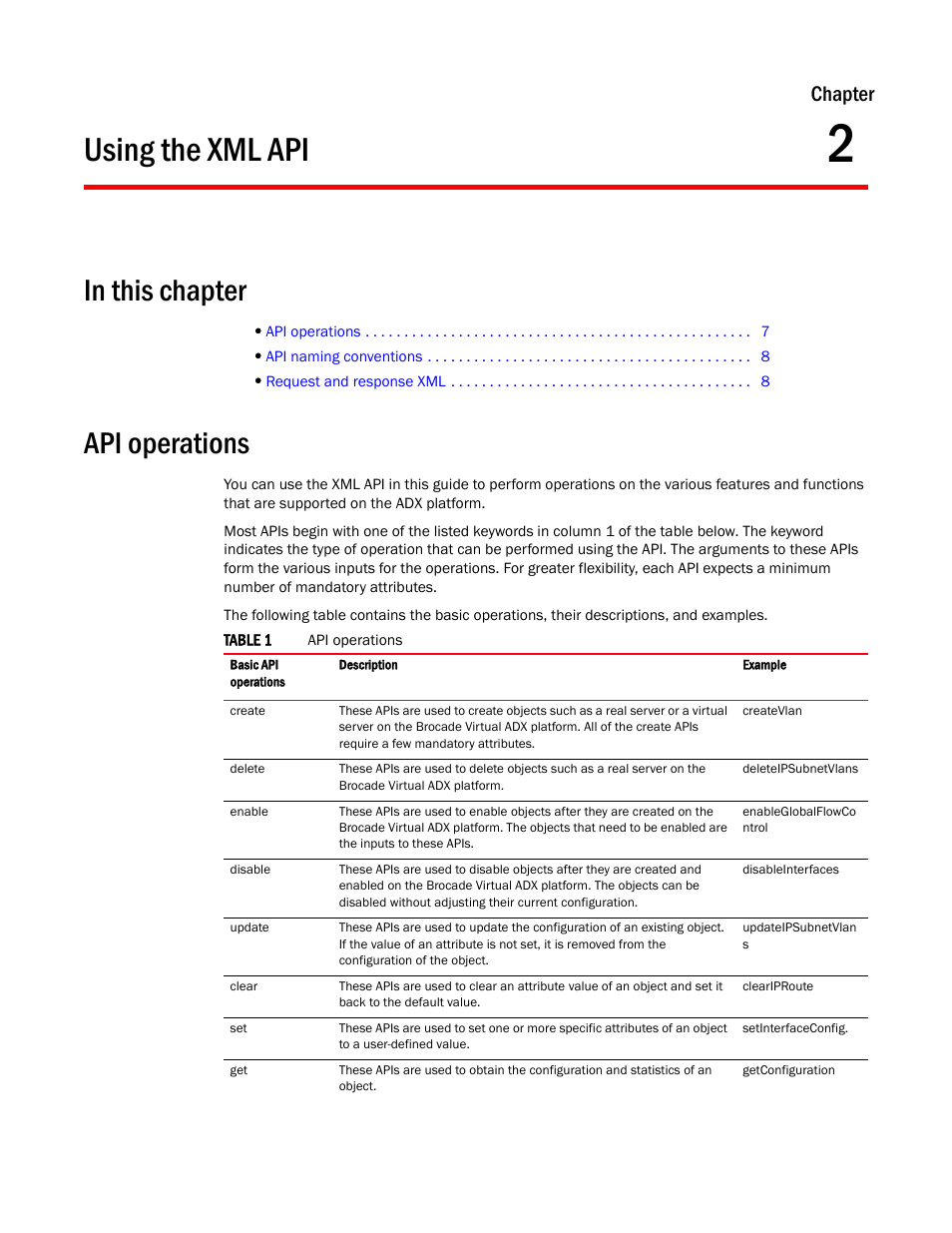 Using the xml api, Api operations, Chapter 2 | Chapter | Brocade Virtual ADX XML API Programmer’s Guide (Supporting ADX v03.1.00) User Manual | Page 17 / 878