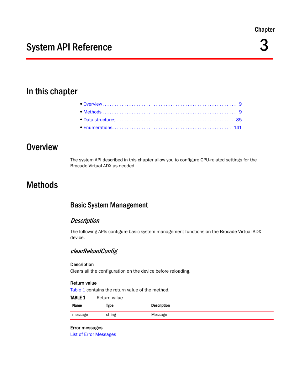 System api reference, Overview, Methods | Basic system management, Chapter 3, Description, Clearreloadconfig | Brocade Virtual ADX XML API Programmer’s Guide (Supporting ADX v03.1.00) User Manual | Page 19 / 878