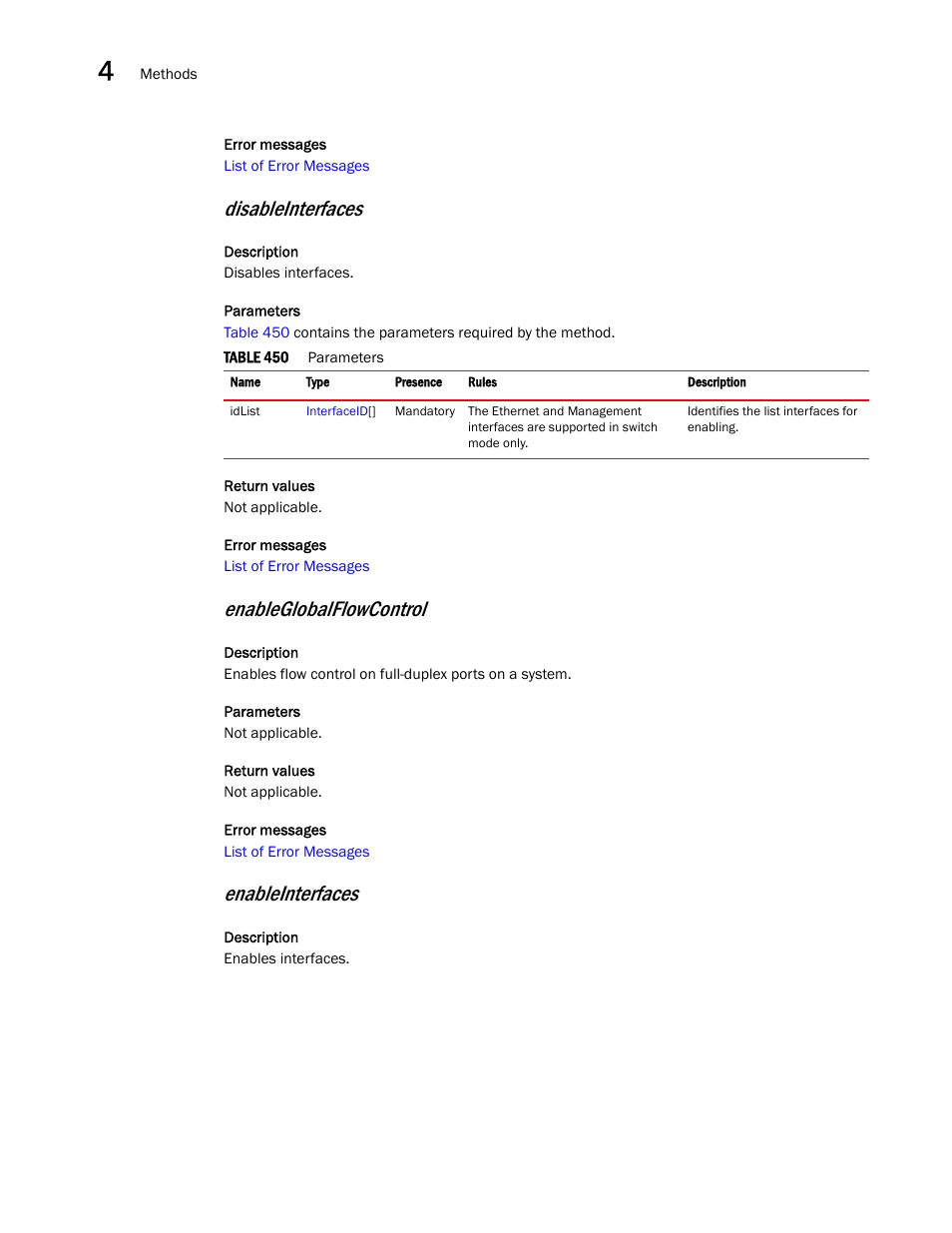 Disableinterfaces, Enableglobalflowcontrol, Enableinterfaces | Brocade Virtual ADX XML API Programmer’s Guide (Supporting ADX v03.1.00) User Manual | Page 192 / 878