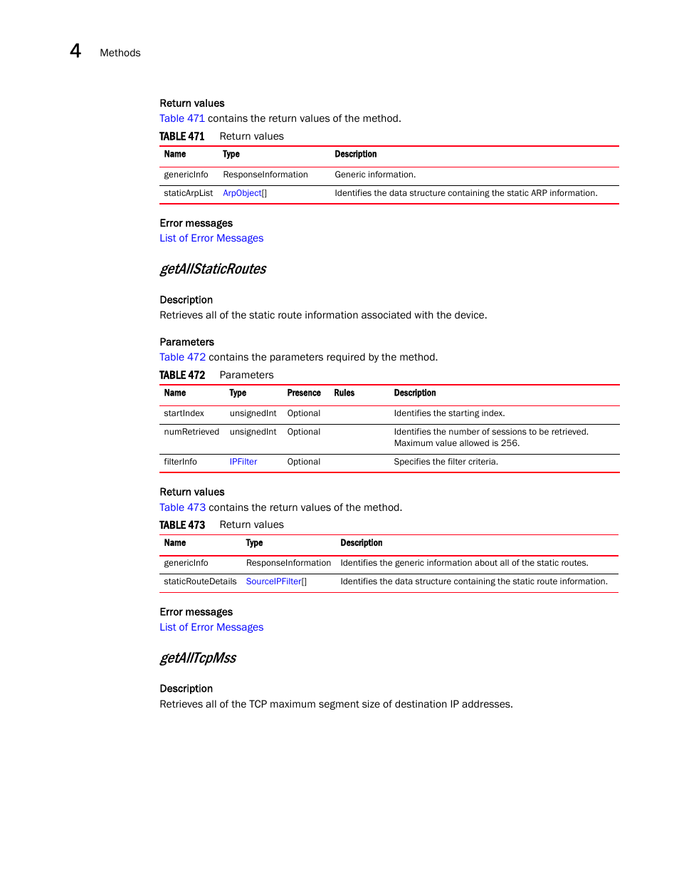 Getallstaticroutes, Getalltcpmss | Brocade Virtual ADX XML API Programmer’s Guide (Supporting ADX v03.1.00) User Manual | Page 200 / 878