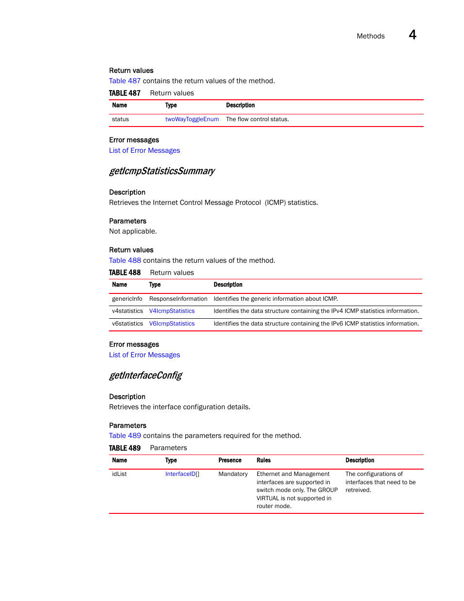 Geticmpstatisticssummary, Getinterfaceconfig | Brocade Virtual ADX XML API Programmer’s Guide (Supporting ADX v03.1.00) User Manual | Page 205 / 878