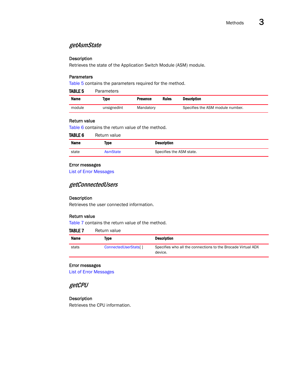 Getasmstate, Getconnectedusers, Getcpu | Brocade Virtual ADX XML API Programmer’s Guide (Supporting ADX v03.1.00) User Manual | Page 21 / 878