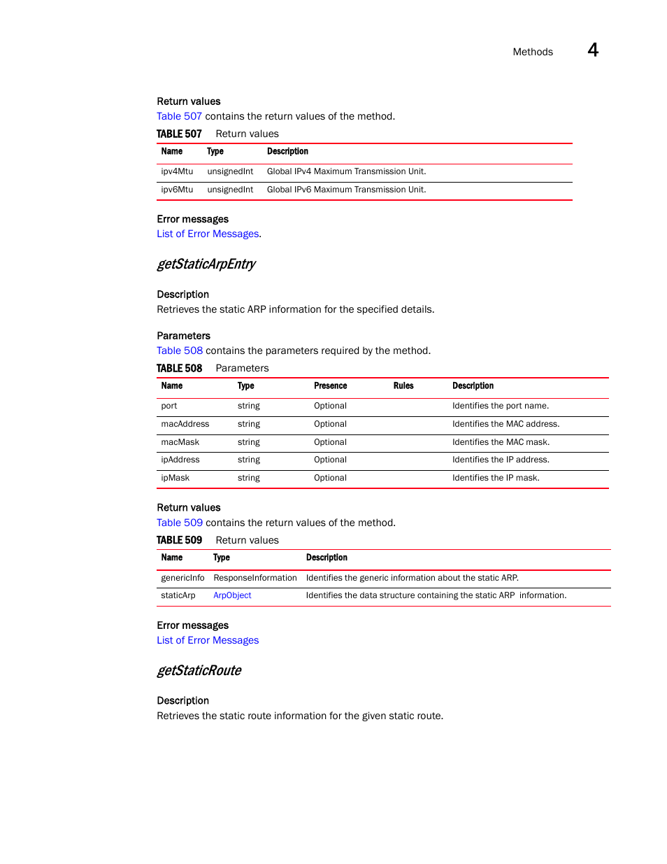 Getstaticarpentry, Getstaticroute | Brocade Virtual ADX XML API Programmer’s Guide (Supporting ADX v03.1.00) User Manual | Page 211 / 878