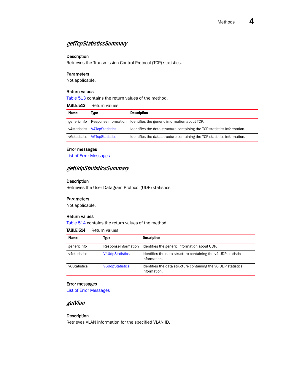 Gettcpstatisticssummary, Getudpstatisticssummary, Getvlan | Brocade Virtual ADX XML API Programmer’s Guide (Supporting ADX v03.1.00) User Manual | Page 213 / 878