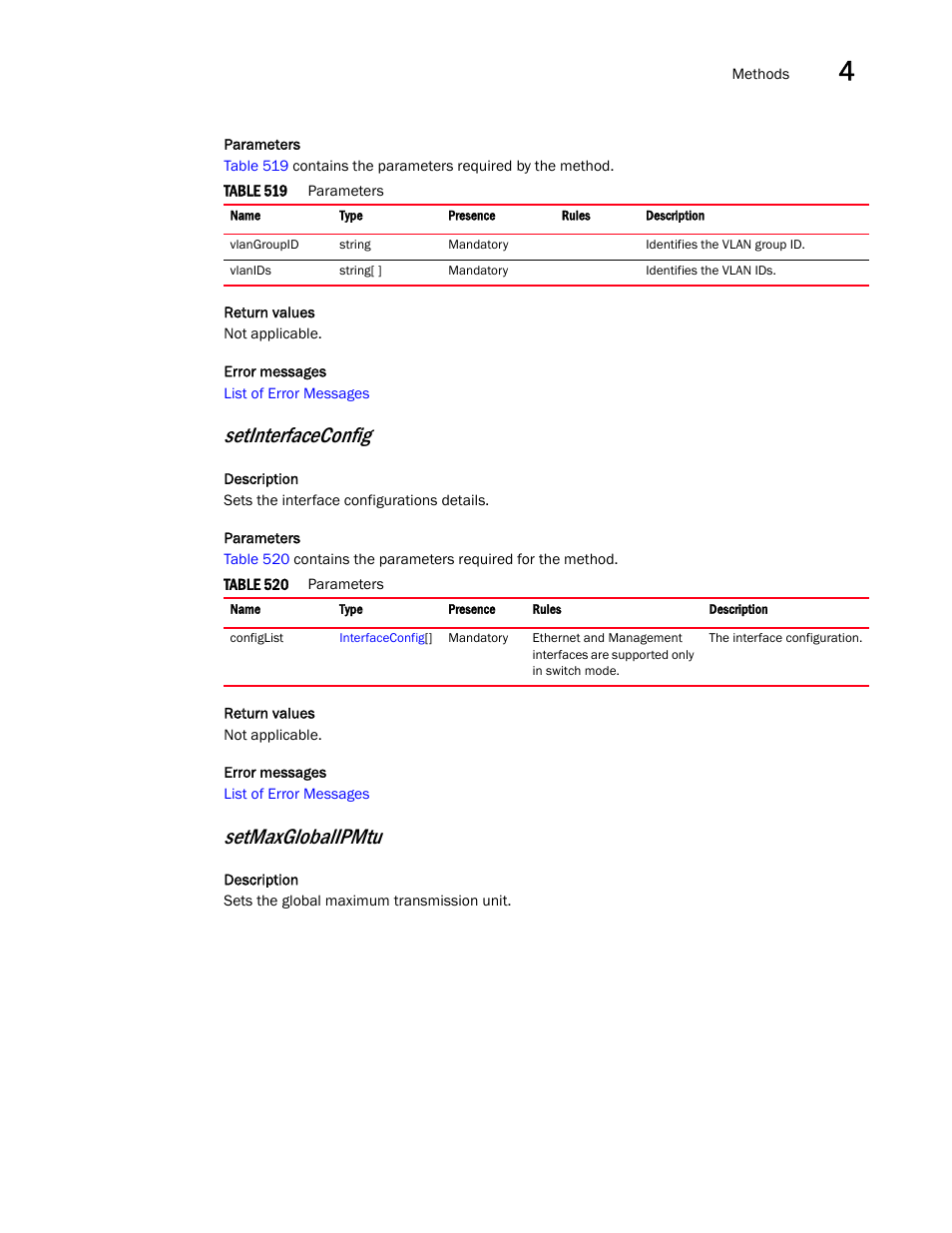 Setinterfaceconfig, Setmaxglobalipmtu | Brocade Virtual ADX XML API Programmer’s Guide (Supporting ADX v03.1.00) User Manual | Page 215 / 878