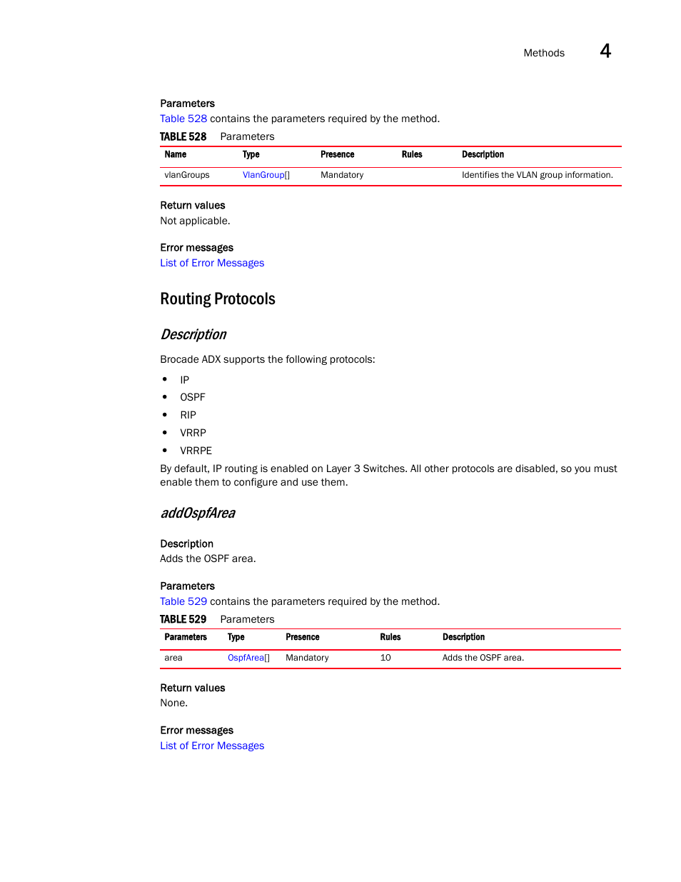 Routing protocols, Description, Addospfarea | Brocade Virtual ADX XML API Programmer’s Guide (Supporting ADX v03.1.00) User Manual | Page 219 / 878