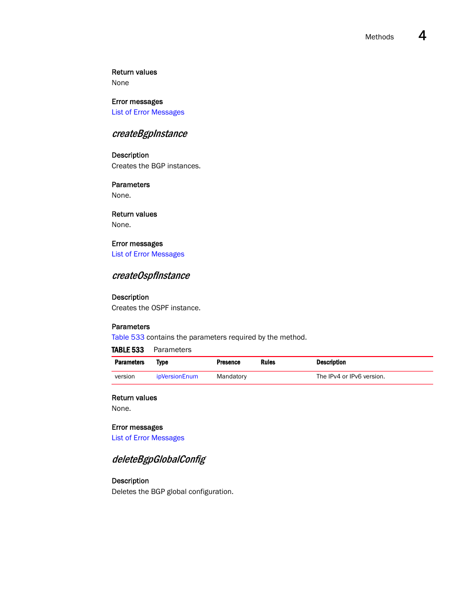 Createbgpinstance, Createospfinstance, Deletebgpglobalconfig | Brocade Virtual ADX XML API Programmer’s Guide (Supporting ADX v03.1.00) User Manual | Page 221 / 878