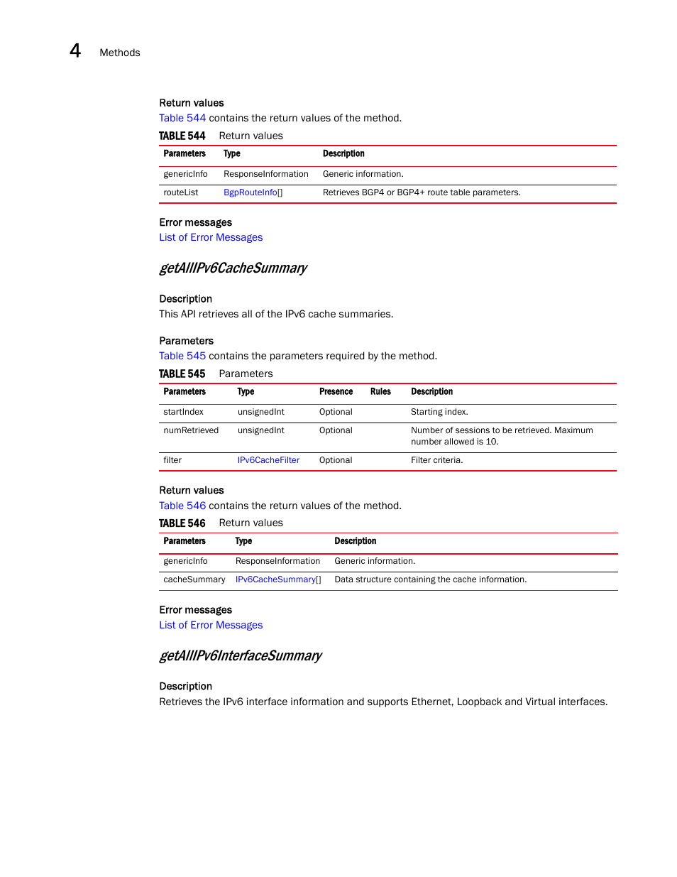 Getallipv6cachesummary, Getallipv6interfacesummary | Brocade Virtual ADX XML API Programmer’s Guide (Supporting ADX v03.1.00) User Manual | Page 226 / 878