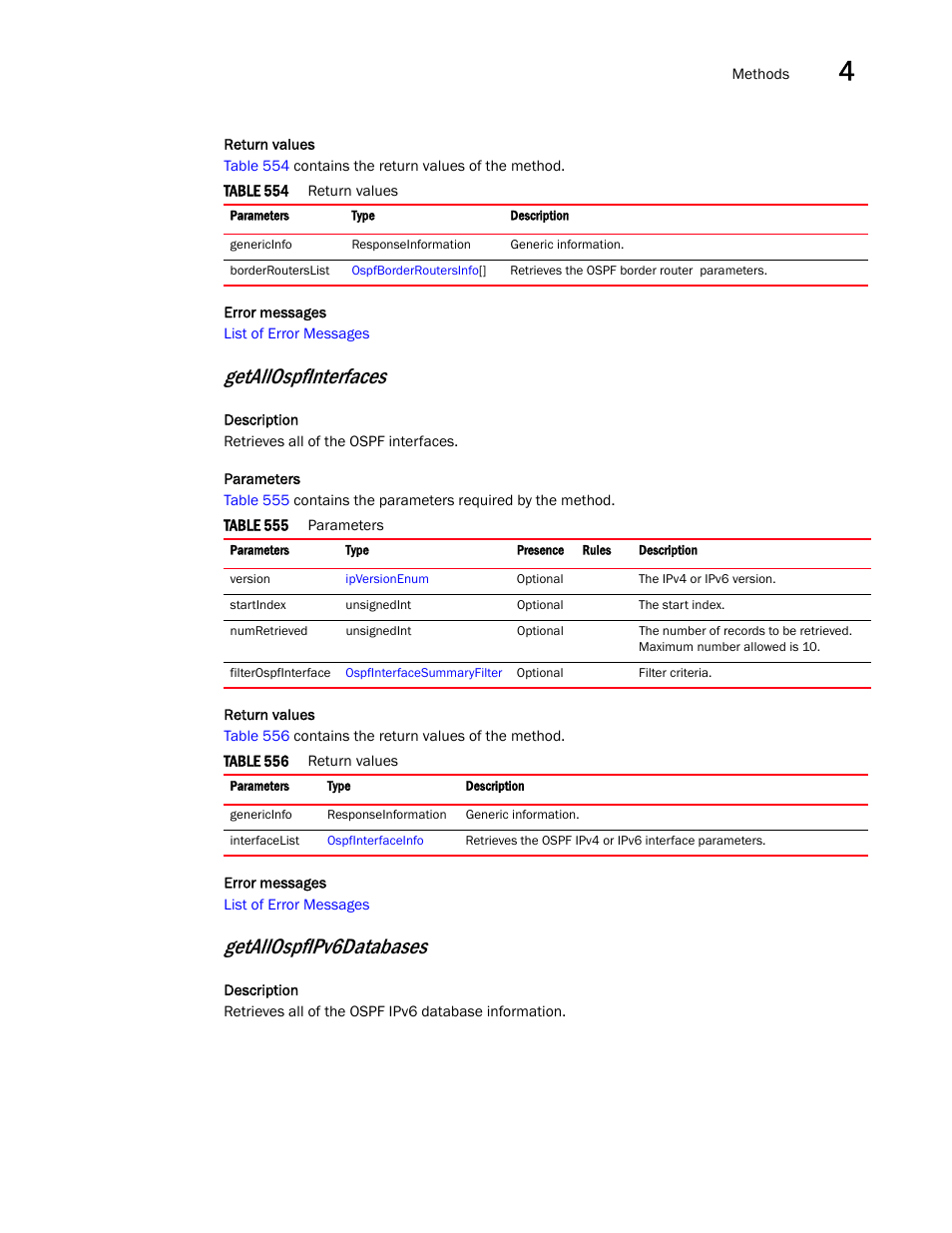 Getallospfinterfaces, Getallospfipv6databases | Brocade Virtual ADX XML API Programmer’s Guide (Supporting ADX v03.1.00) User Manual | Page 229 / 878