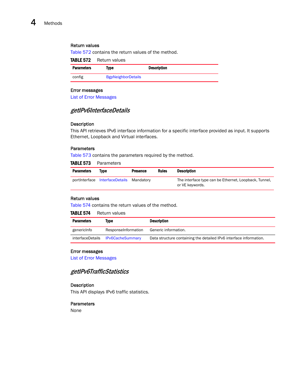 Getipv6interfacedetails, Getipv6trafficstatistics | Brocade Virtual ADX XML API Programmer’s Guide (Supporting ADX v03.1.00) User Manual | Page 234 / 878