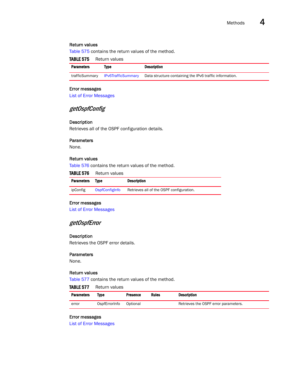 Getospfconfig, Getospferror | Brocade Virtual ADX XML API Programmer’s Guide (Supporting ADX v03.1.00) User Manual | Page 235 / 878