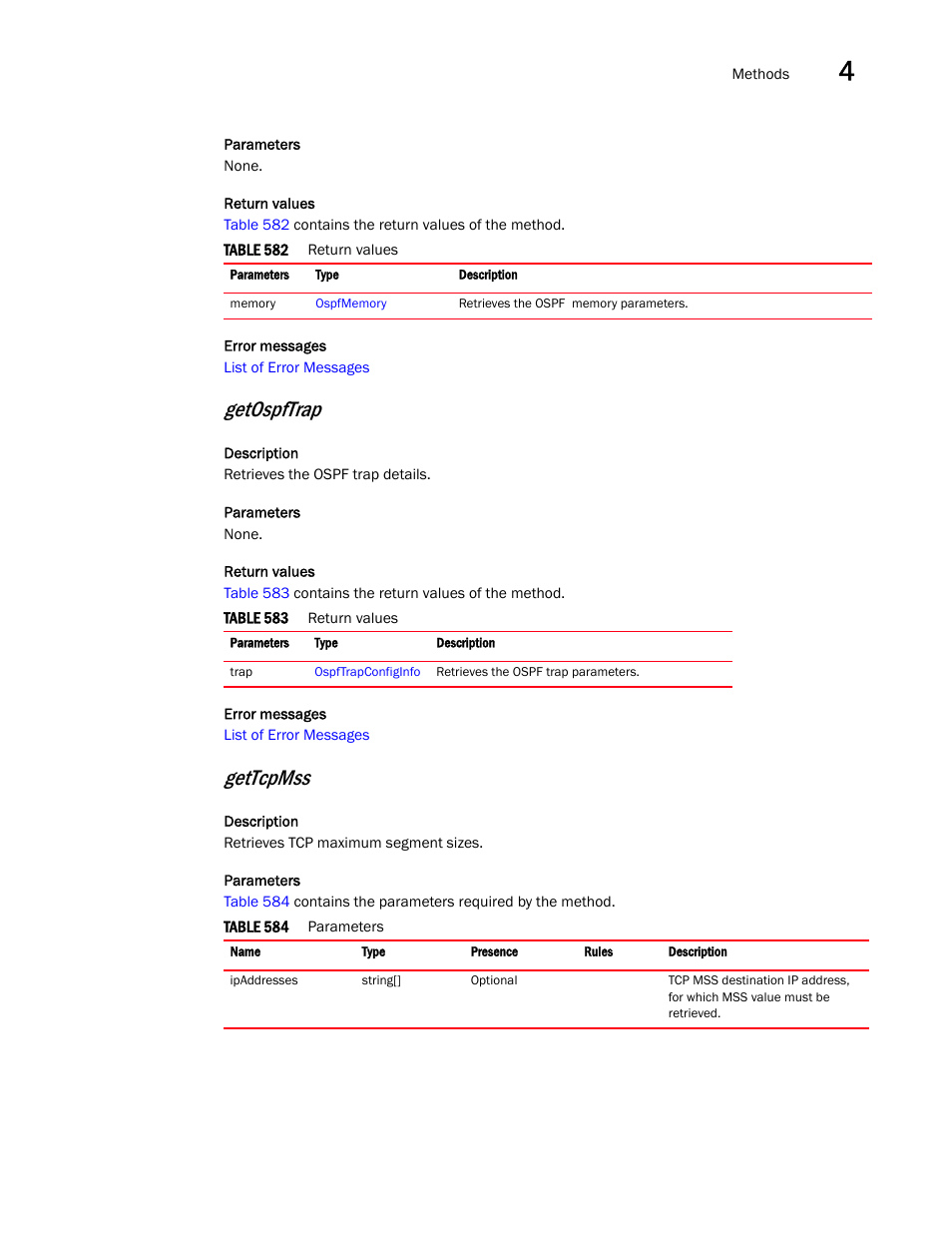 Getospftrap, Gettcpmss | Brocade Virtual ADX XML API Programmer’s Guide (Supporting ADX v03.1.00) User Manual | Page 237 / 878