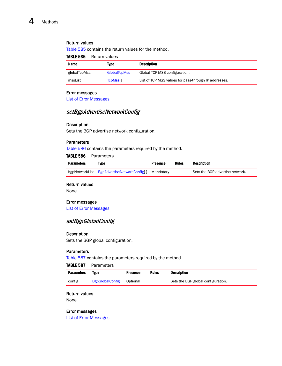 Setbgpadvertisenetworkconfig, Setbgpglobalconfig | Brocade Virtual ADX XML API Programmer’s Guide (Supporting ADX v03.1.00) User Manual | Page 238 / 878