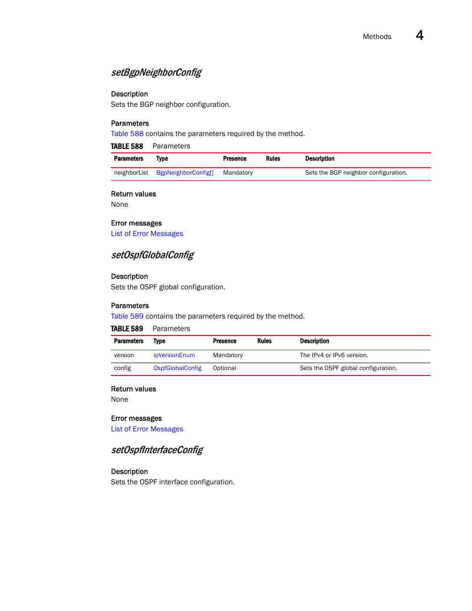 Setbgpneighborconfig, Setospfglobalconfig, Setospfinterfaceconfig | Brocade Virtual ADX XML API Programmer’s Guide (Supporting ADX v03.1.00) User Manual | Page 239 / 878