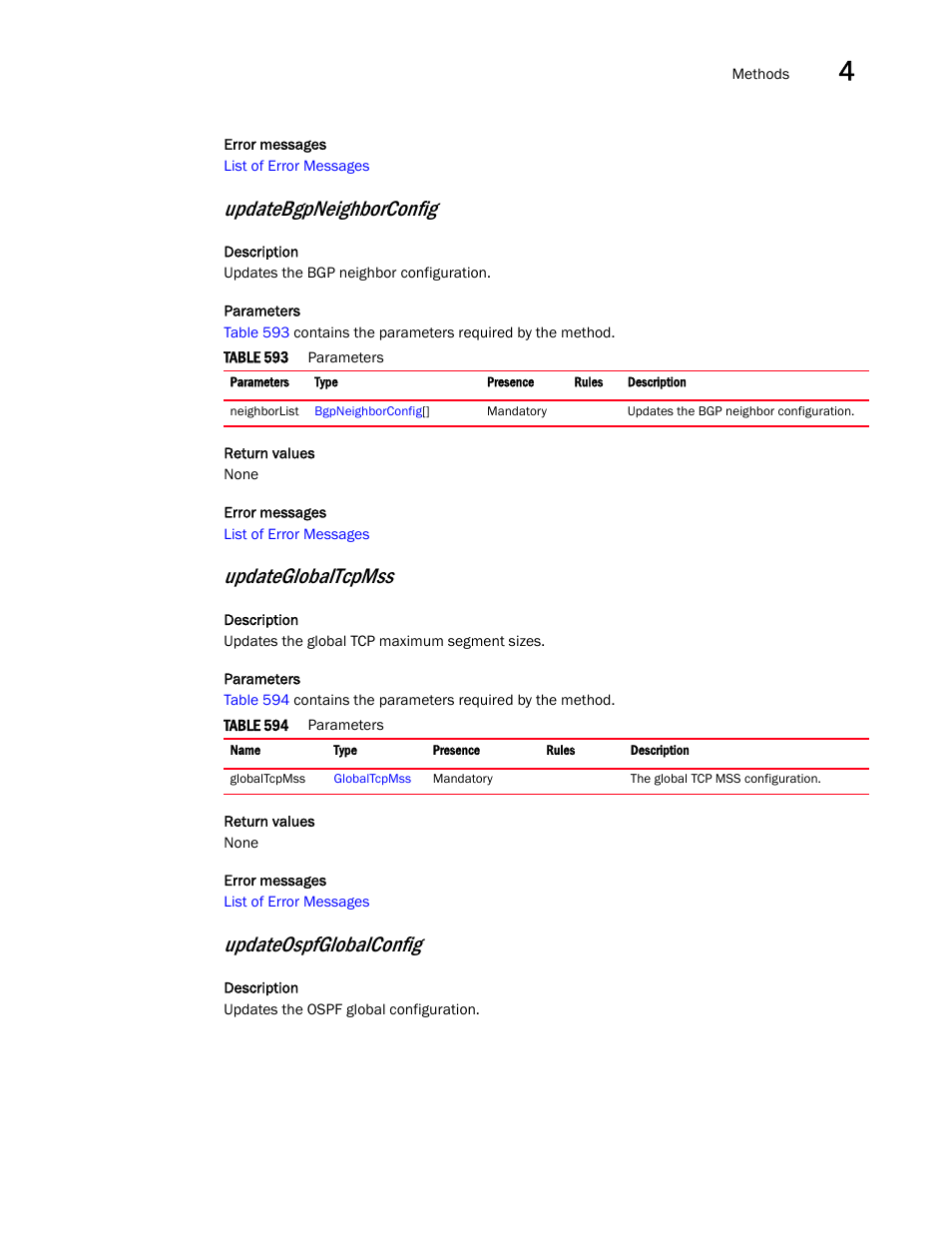 Updatebgpneighborconfig, Updateglobaltcpmss, Updateospfglobalconfig | Brocade Virtual ADX XML API Programmer’s Guide (Supporting ADX v03.1.00) User Manual | Page 241 / 878